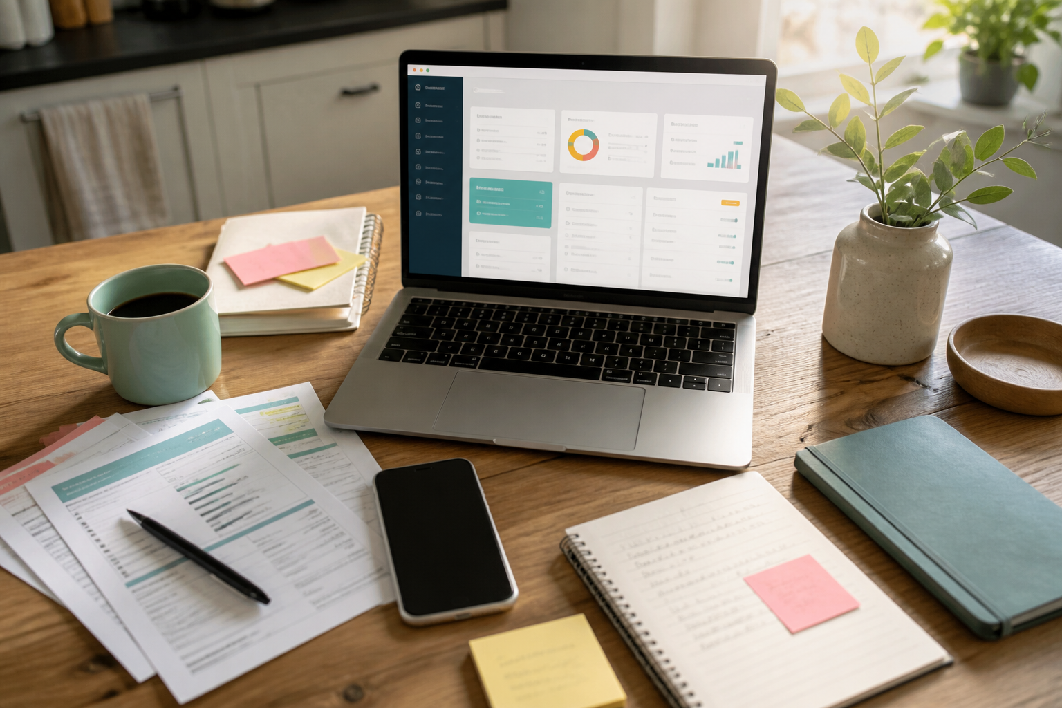 A home desk with bills, notes, and a laptop dashboard.